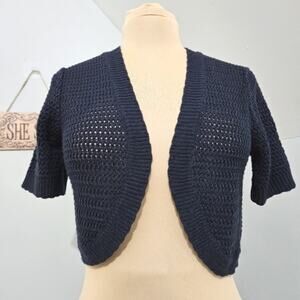 Vicki Wayne Navy Blue Cropped Cocoon Knit Open Shrug Cardigan Size Small